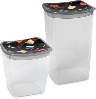 Set van 2x stuks Koffiecups bewaarbakjes 1,1 en 1.9 liter transparant/grijs plastic - Vershoudbakjes