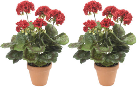 Set Van 2x Stuks Kunstbloemen Rode Geranium Kunstplant 35 Cm - Kunstplanten Rood