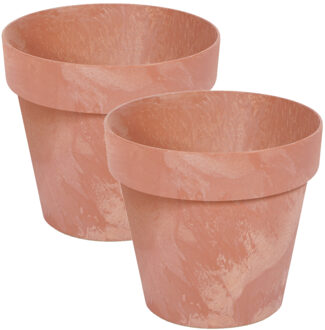 Set van 2x stuks kunststof bloempotten/plantenpotten betonlook 20 cm terracotta - Plantenpotten Bruin