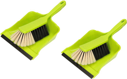 Set van 2x stuks kunststof stoffer en blik groen met lip en zachte borstel