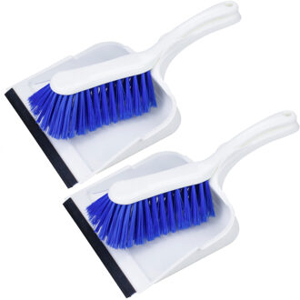 Set van 2x stuks kunststof stoffer en blik met lip en zachte borstel wit/blauw