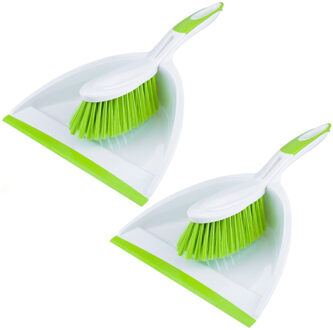Set van 2x stuks kunststof stoffer en blik met lip en zachte borstel wit/groen