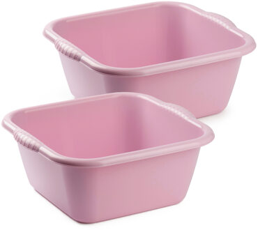 Set van 2x stuks kunststof teiltjes/afwasbakken vierkant 10 liter oud roze
