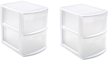 Set van 2x stuks ladeblokken/bureau organizers met 2 lades wit/transparant - 39 x 29 x 40 cm - Ladeblokken/organiserss kantoorartikelen/benodigdheden