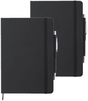 Set van 2x stuks luxe notitieboekje zwart met elastiek en pen A5 formaat - Schriften