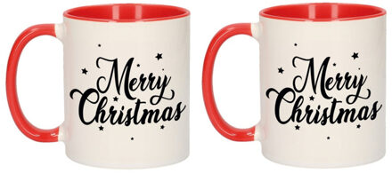 Set van 2x stuks merry Christmas met sterren kerstcadeau kerstmokken rood 300 ml