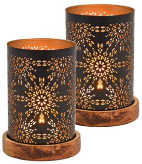 Set van 2x stuks metalen design windlicht/kaarsenhouder zwart/goud 10 x 18 cm - Waxinelichtjeshouders