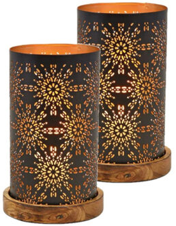 Set van 2x stuks metalen design windlicht/kaarsenhouder zwart/goud 13 x 22 cm - Waxinelichtjeshouders