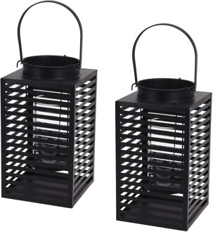 Set van 2x stuks metalen lantaarn/windlicht kaarshouder zwart 12 x 24,5 cm