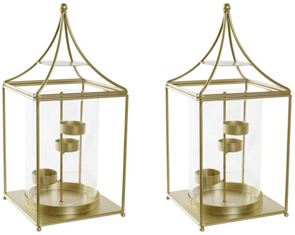 Set Van 2x Stuks Metalen Theelichthouders / Lantaarns Goud Met Glas 34 Cm - Lantaarns