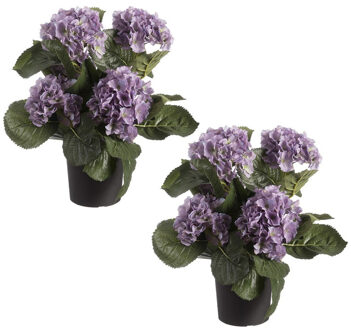 Set Van 2x Stuks Paarse Hortensia Hydrangea Kunstplanten In Zwarte Kunststof Pot 44 Cm - Kunstplanten Groen