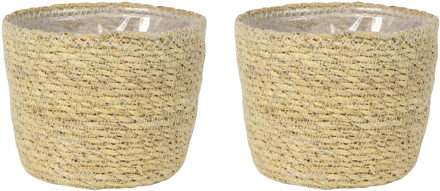 Set van 2x stuks plantenpot/bloempot van jute/zeegras diameter 15 cm en hoogte 12 cm creme beige - Plantenpotten