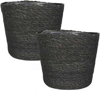 Set van 2x stuks plantenpot/bloempot van jute/zeegras diameter 15 cm en hoogte 12 cm grijs - Plantenpotten