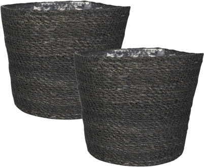 Set van 2x stuks plantenpot/bloempot van jute/zeegras diameter 18 cm en hoogte 16 cm grijs - Plantenpotten