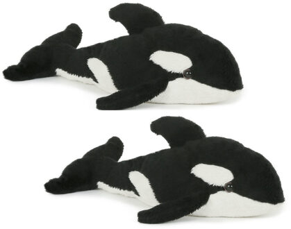 Set van 2x stuks pluche knuffel orka killer whale23 cm - Knuffel zeedieren Zwart