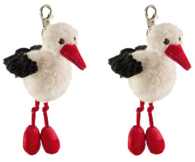 Set van 2x stuks pluche ooievaars vogel knuffel sleutelhanger 10 cm - Pluche dieren cadeau knuffels/knuffeltjes voor kinderen