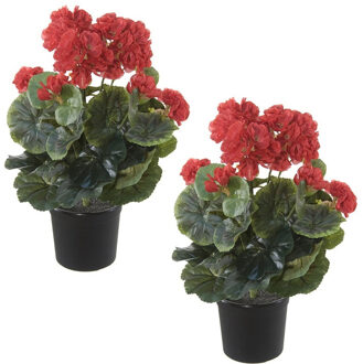 Set Van 2x Stuks Rode Geranium Pelargonium Graveolens Kunstplanten In Zwarte Kunststof Pot 35 Cm - Kunstplanten Groen