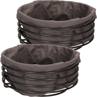 Set van 2x stuks ronde broodmand/serveermand zwart metaal/grijs katoen 23 cm