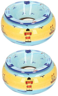 Set van 2x stuks ronde terras asbakken/stormasbakken maritiem thema keramiek 14 x 7 cm