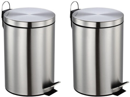 Set van 2x stuks RVS kantoor/keuken pedaalemmers 12 liter 40 cm - Prullenbakken Zilverkleurig