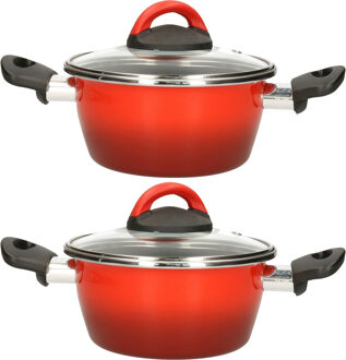 Set van 2x stuks rvs rode kookpan/pan met glazen deksel 16 cm 1 liter