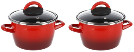 Set van 2x stuks rvs rode kookpan/pan met glazen deksel 16 cm 3 liter