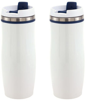 Set van 2x stuks rVS Warmhoudbeker/isoleerbeker winter wit met blauw 400 ml