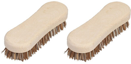 Set van 2x stuks schrobborstel van hout - met fiber/palmvezel luiwagen - 8-vorm bruin