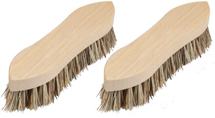 Set van 2x stuks schrobborstels van hout met fiber/palmvezel spitse neus bruin - Schrobborstels