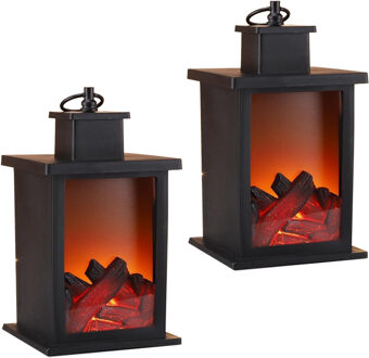 Set Van 2x Stuks Sfeerhaarden Lantaarns Met Led Verlichting Inclusief Timer 14 X 14 X 25 Cm - Lantaarns