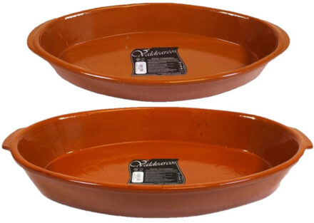 Set van 2x stuks tapas ovenschalen/serveerschalen terracotta Fontein 7 en 2.8 liter - Ovenschalen Bruin