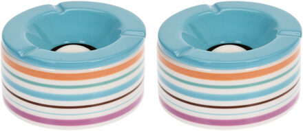 Set van 2x stuks terras asbakken/stormasbakken rond keramiek 14 x 7,5 cm blauw met streep