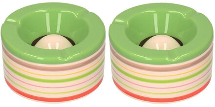 Set van 2x stuks terras asbakken/stormasbakken rond keramiek 14 x 7,5 cm groen met streep