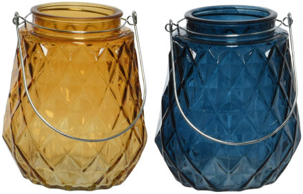 Set van 2x stuks theelichthouders/waxinelichthouders ruitjes glas cognac en donkerblauw 11 x 13 cm - Waxinelichtjeshoude Multikleur