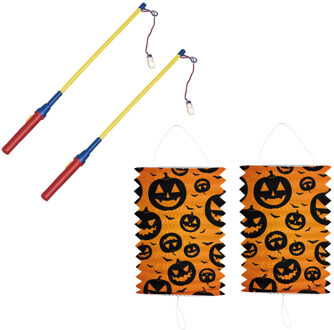 Set van 2x stuks treklampion 16 x 22 cm pompoenen inclusief lampionstokjes