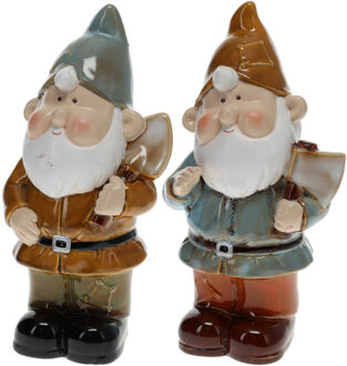 Set van 2x stuks tuinkabouters blauw met bijl en geel met schep 27 cm decoratie beeld