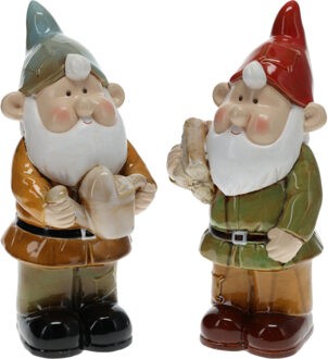 Set van 2x stuks tuinkabouters groen met houtblokken en geel met gieter 33 cm decoratie beeld