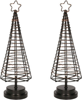 Set van 2x stuks verlichte zwarte 3D lichtboompjes/metalen boompjes/kerstboompjes 45 leds 36 cm - kerstverlichting figuu