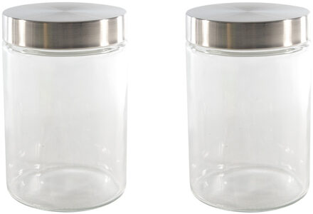 Set van 2x stuks voorraadpotten/bewaarpotten 1200 ml glas met Rvs deksel - Voorraadpot Zilverkleurig