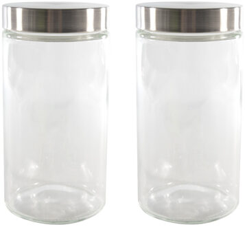 Set van 2x stuks voorraadpotten/bewaarpotten 1700 ml glas met Rvs deksel - Voorraadpot Zilverkleurig