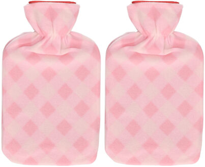 Set van 2x stuks water kruik met fleece hoes roze ruiten print 1,7 liter