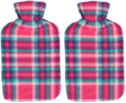 Set van 2x stuks water kruik met fleece hoes roze Schotse ruit print 1,7 liter