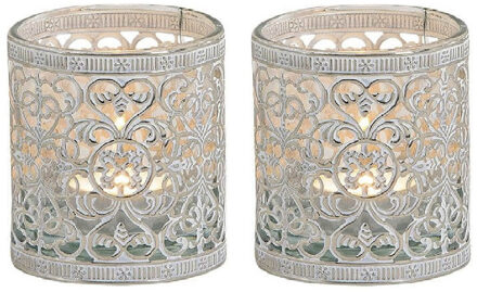 Set van 2x stuks waxinelicht/theelicht houder zilver antiek 8 cm
