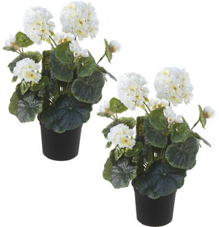 Set Van 2x Stuks Witte Geranium Kunstplanten In Zwarte Kunststof Pot 35 Cm - Pelargonium Graveolens - Woondecoratie