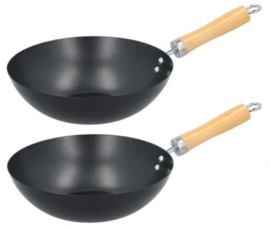 Set van 2x stuks wokpannen met houten handvat 25 cm