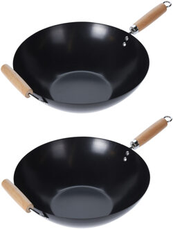 Set van 2x stuks wokpannen/steelwokken met houten handvatten 35 cm - Steelpannen Zwart