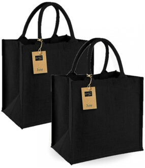 Set van 2x stuks zwarte Jute strandtassen 30 x 30 x 19 cm - Shoppers