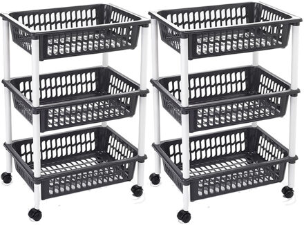 Set van 2x stuks zwarte opberg trolleys/roltafels met 3 manden 62 cm