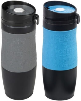 Set van 2x Thermosbekers - warmhoud bekers - blauw en grijs - 380 ml - Isolerende drinkbekers