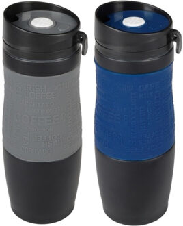 Set van 2x Thermosbekers - warmhoud bekers - blauw en grijs - 380 ml - Isolerende drinkbekers